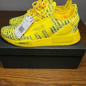 NWB Adidas NMD Bright Yellow Sneakers size 10 with “ALL OVER” Black Text